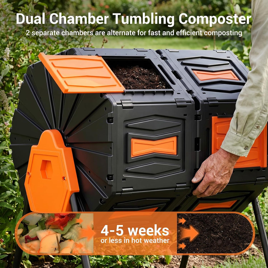 Compost Tumbler, Easy Assemble & Efficient Outdoor Compost Bin, 45 Gallon/170 Liter Large Dual Chamber Rotating