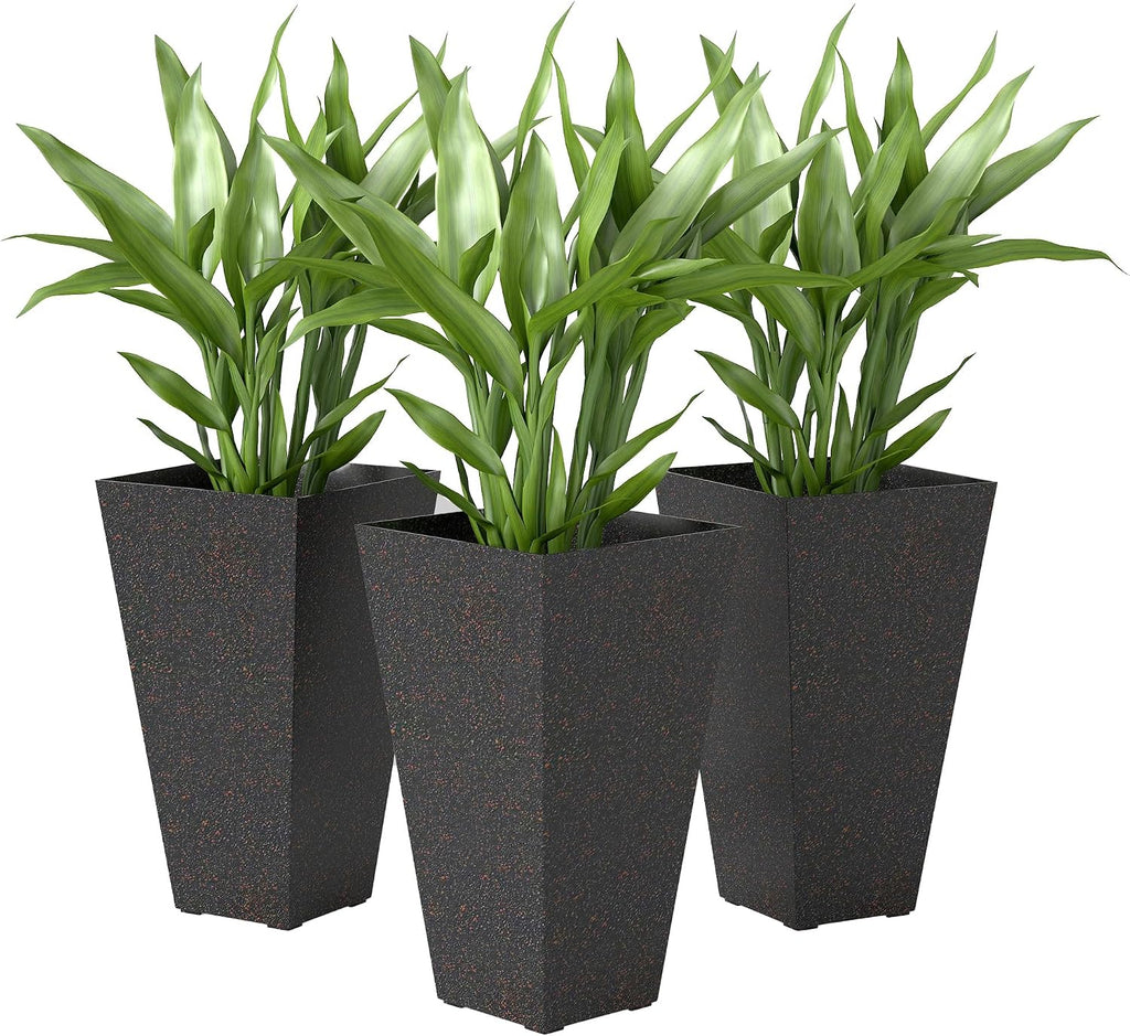 28 Inch Tall Planters for Outdoor Plants Set of 3, Brown | Marble Finish, Drainage Holes, Stackable Tapered Design