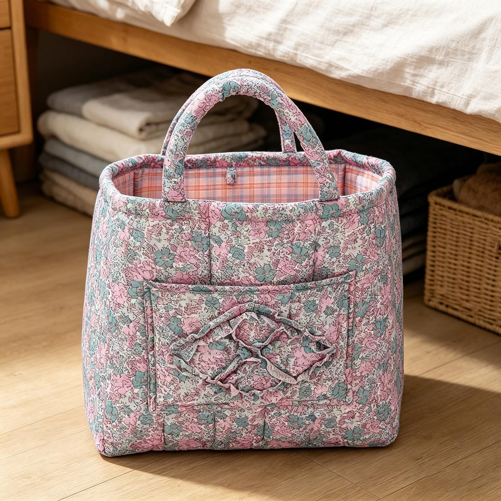 Boho Fabric Storage Basket Quilted Floral Print Baskets Organizer Bin with Handles, Picnic, Shopping (B-Pink