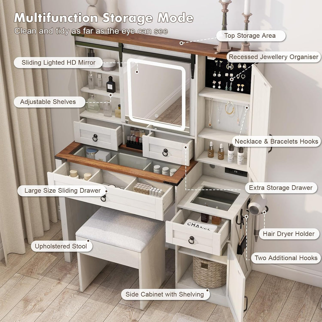Farmhouse Makeup Vanity Desk with Sliding Mirror and Lights, 42 Wood Vanity Table Set with Glass Top, Power Outlets