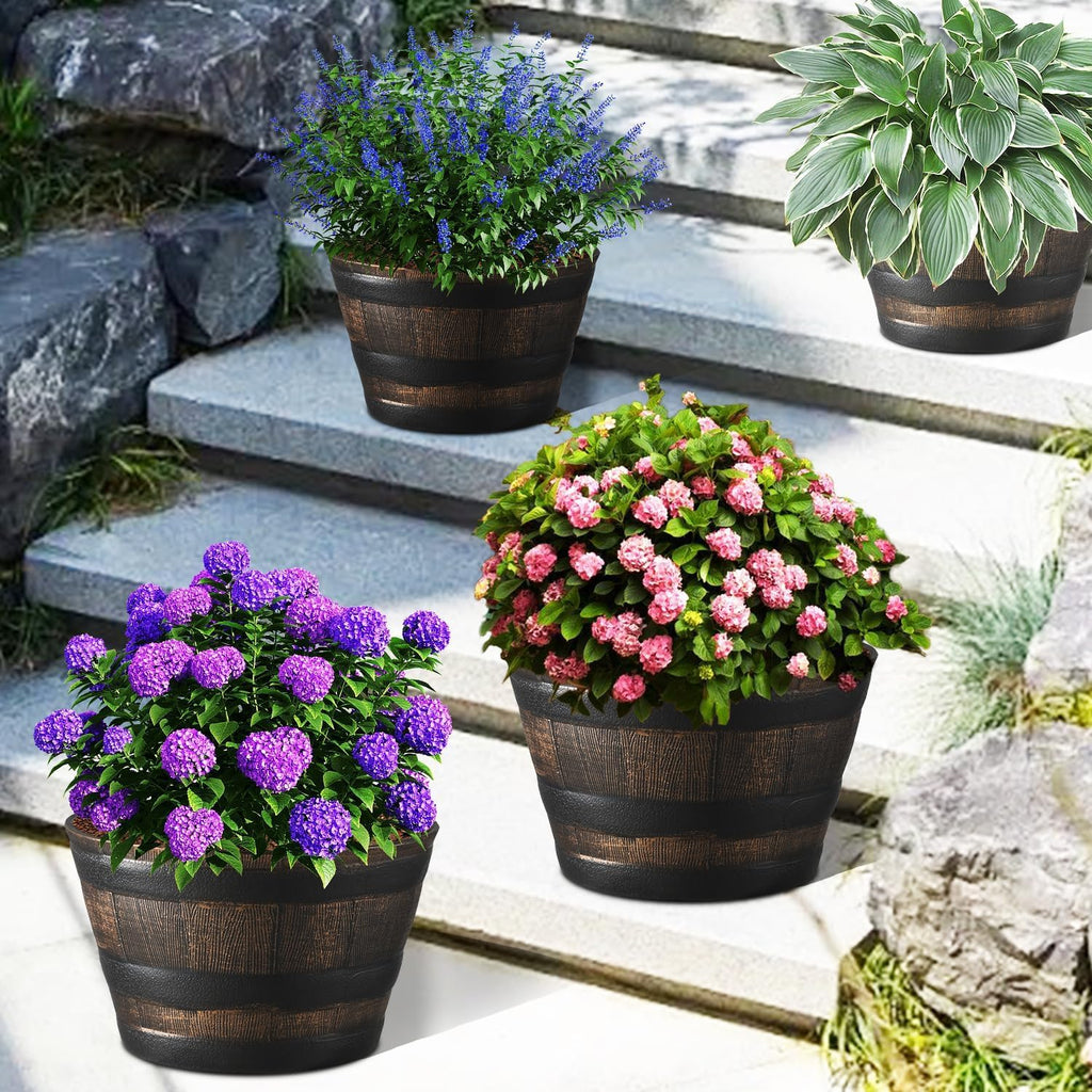 YI 4 Pack Whiskey Barrel Garden Planters 13" Rustic Oak Resin Planter for Indoor & Outdoor Plant Flower Pot