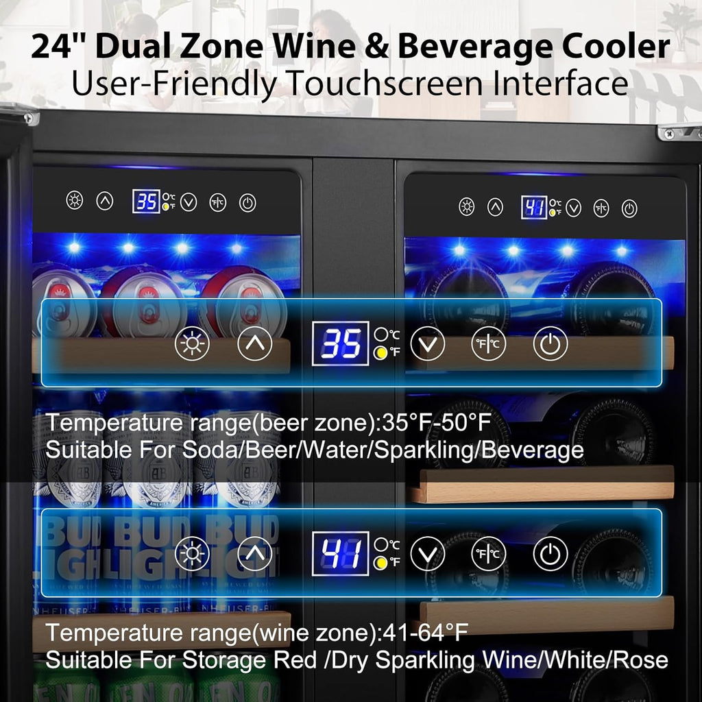 24" Dual Zone Wine & Beverage Refrigerator - Under Counter Cooler with Upgraded 