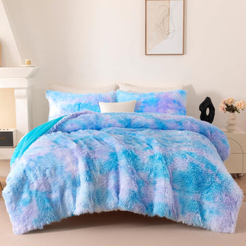 3 Pcs Faux Fur Blue Bedding Set King Size Fluffy Furry Plush Comforter Set - Tie Dye Rainbow Soft Warm Fuzzy Bed Set