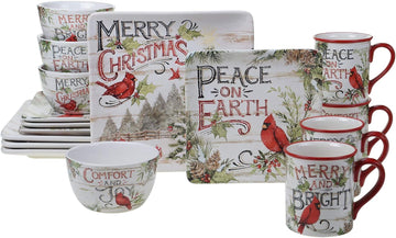 Evergreen Christmas Piece Dinnerware Set - Ceramic Holiday Plates, Bowls & Mugs with Cardinal & Script Design