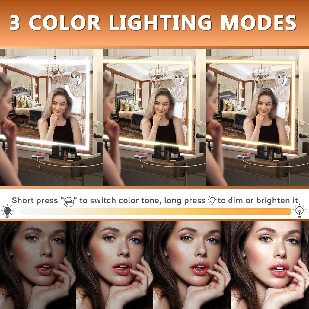 Vanity Mirror with Lights, 32" x 24" LED Makeup Mirror, Lighted Makeup Mirror with Dimmable 3 Modes, Touch Screen