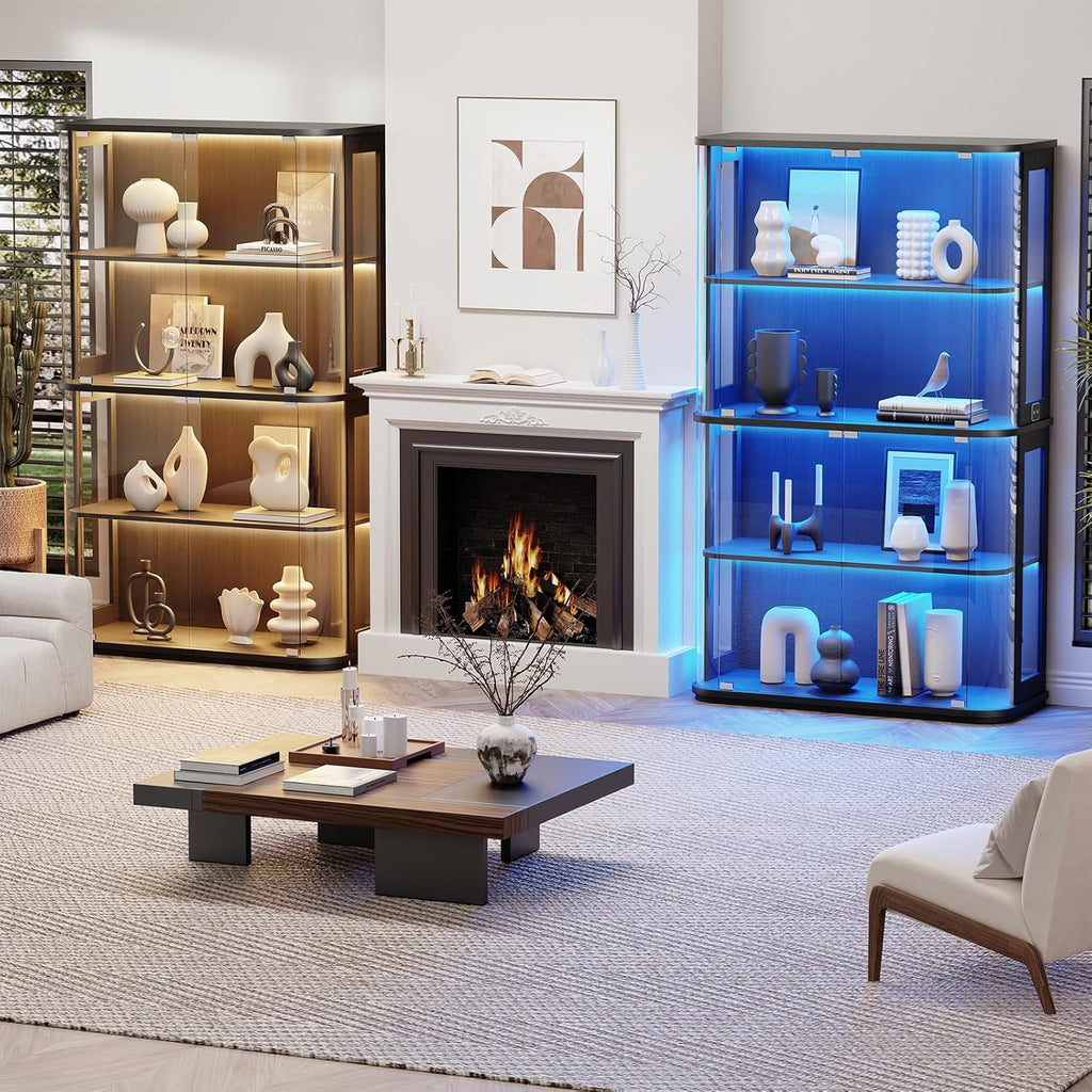 Large Rounded Display Cabinet with Glass Door & Lights, Black | 4-Tier Curio Cabinet with 3 Color Lights for