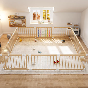 Wooden Baby Playpen, 12 Panels Fence for Babies and Toddlers 83"×83" | Size Adjustable Baby Play Yard with Locking