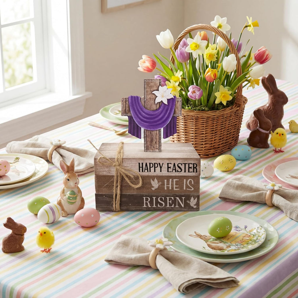 Easter Decorations He is Risen Wooden Sign Christian Table Centerpiece Religious Cross Tiered Tray Decor - Set of 4