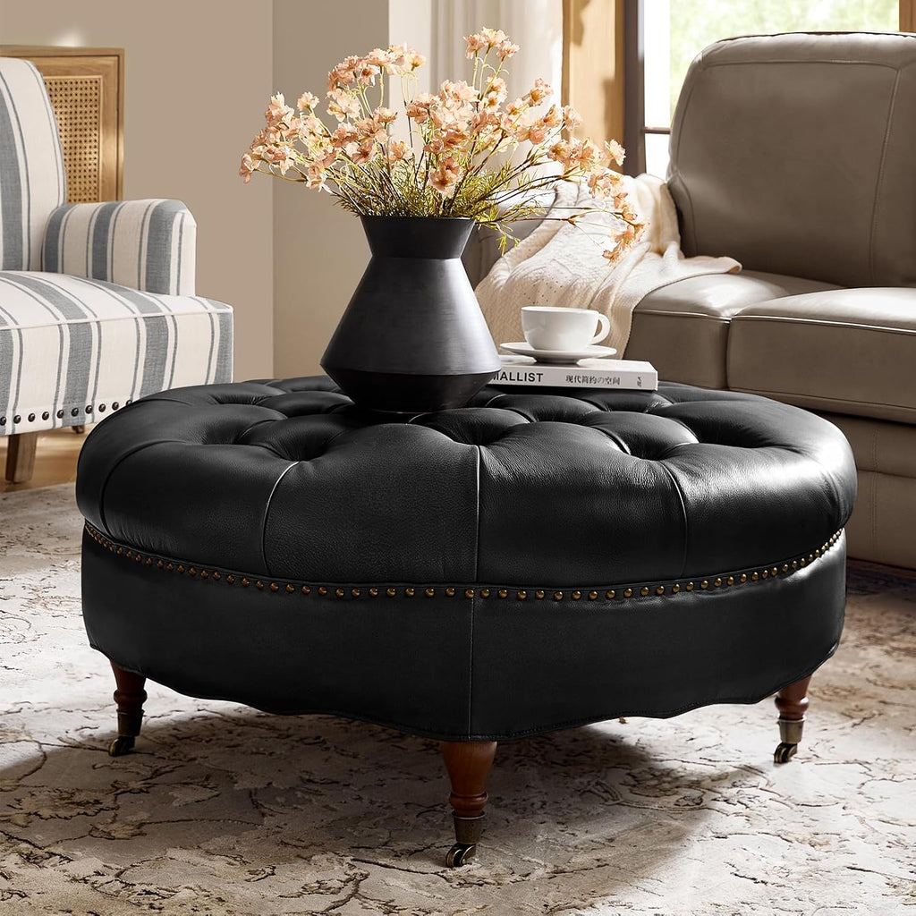 40" Genuine Leather Coffee Table with Rolling Wheels, Black | Large Round Button Tufted Coffee Table with Solid Wood