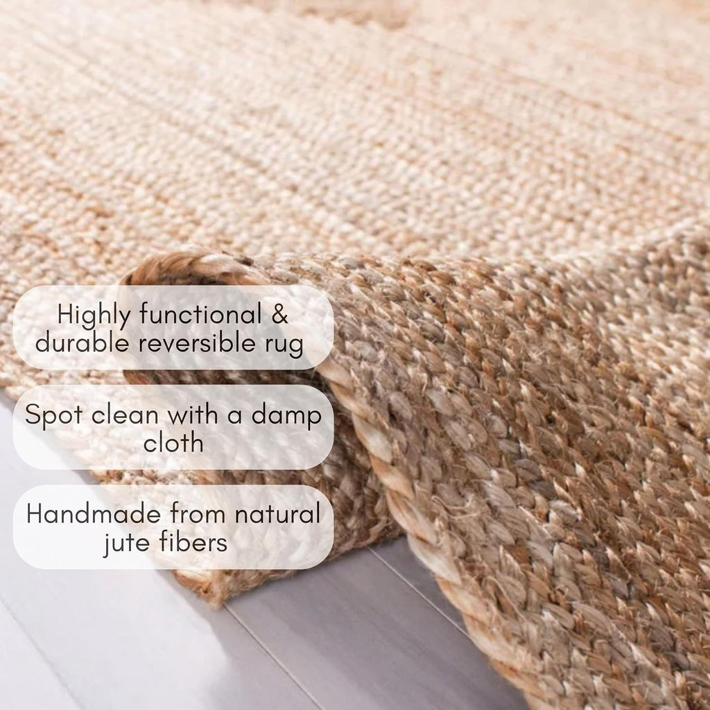 Handwoven Jute Area Rug - 8x10 Feet Natural Yarn - Rustic Vintage Beige Braided Reversible Rectangular Rugs - Kitchen