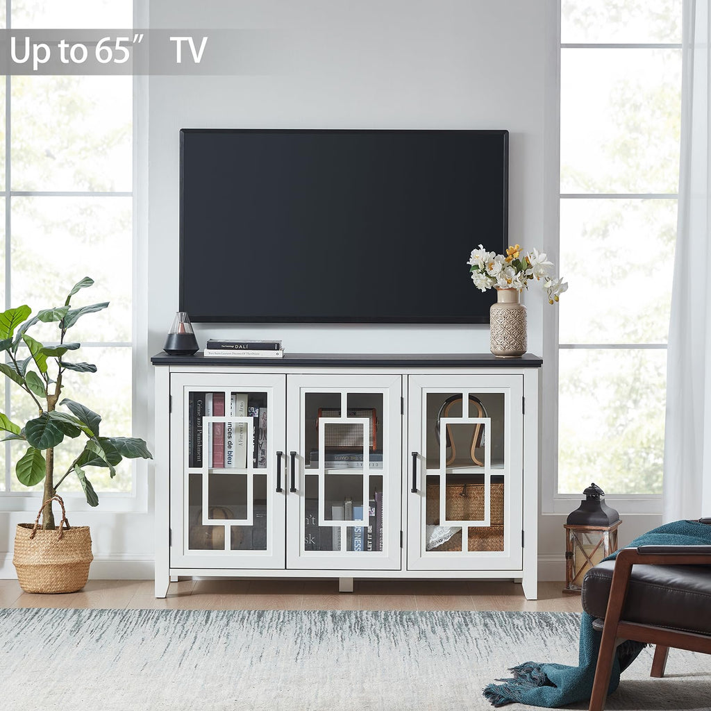 Large Sideboard Buffet Cabinet with Storage, 55" Farmhouse Credenza with 3 Glass Doors, Adjustable Shelves Console