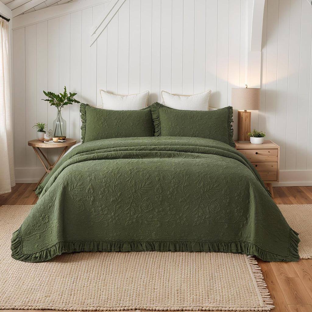 Olive Green Quilt Set Cotton Ruffled Floral Coverlet 3PC