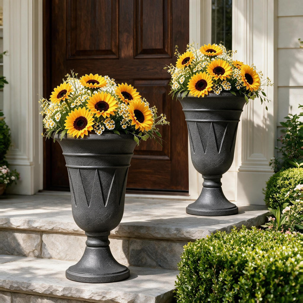 24" Tall Urn Planters for Outdoor Plants Set of 2 - Grey Trophy