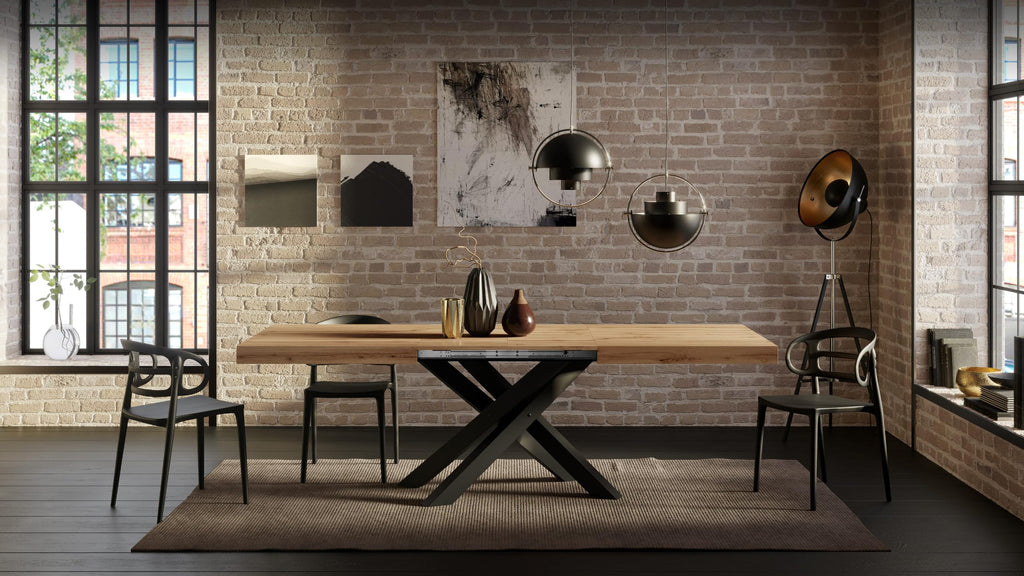 Emma 55.11(86.6) x35.4 in, Extendable Dining Table, Concrete Effect, Black with White Crossed Legs, Made in Italy
