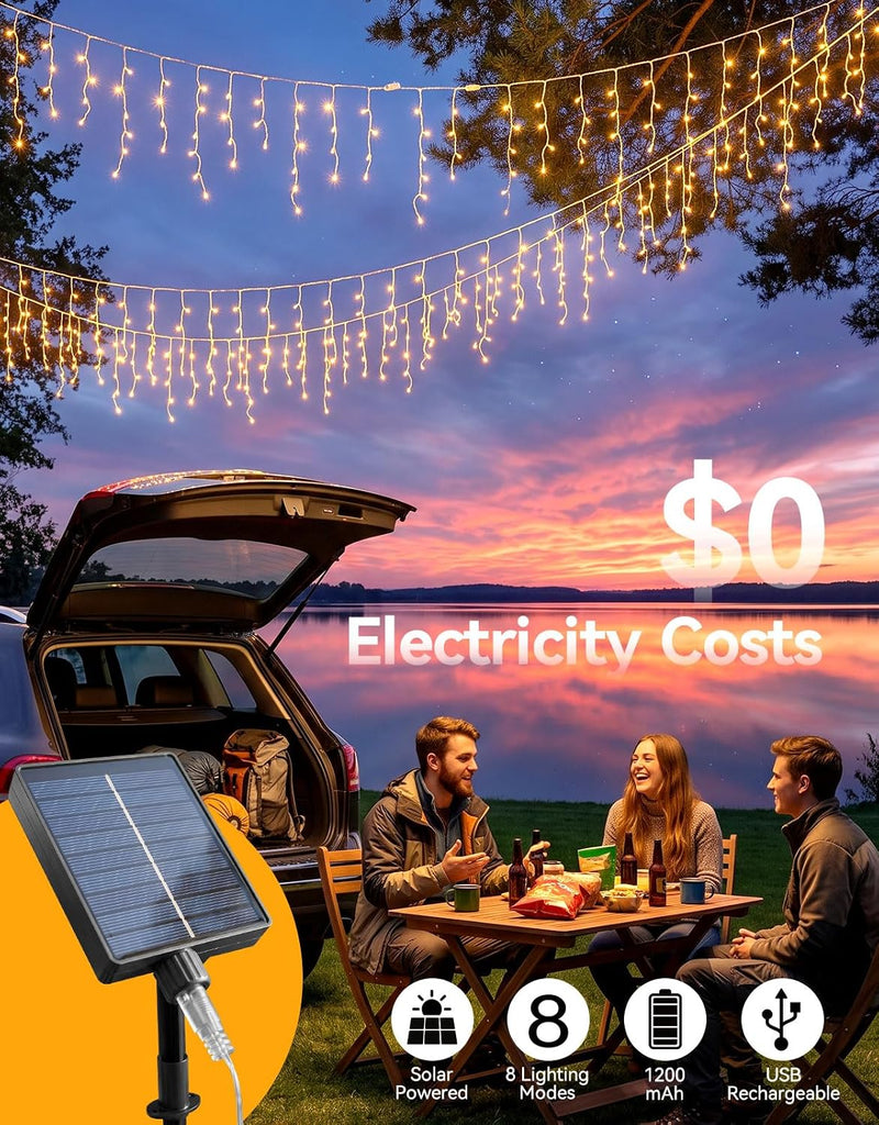 58FT Solar Christmas Icicle Lights Outdoor Waterproof with Remote