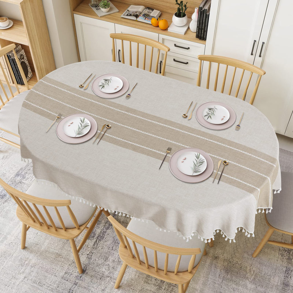 Solid Embroidery Oval Tablecloth with Tassels for Oval Table, 60 x 84 Inch Lace Dust-Proof Table Cover Dinning