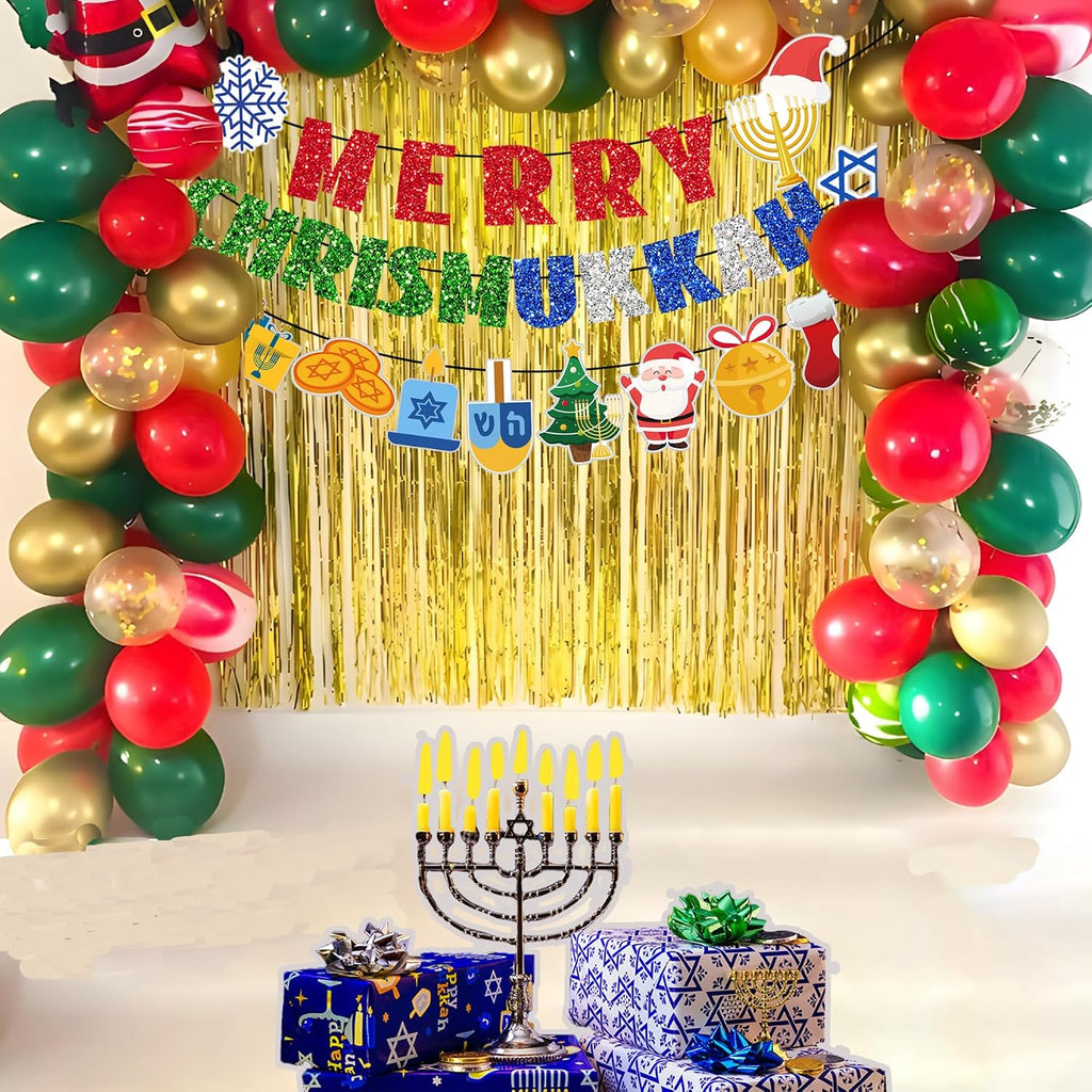 Merry Chrismukkah Banner Christmas and Hanukkah Decor Pre-Strung Hanukkah Chrismukkah Decorations Glitter Mixed - Set of 16