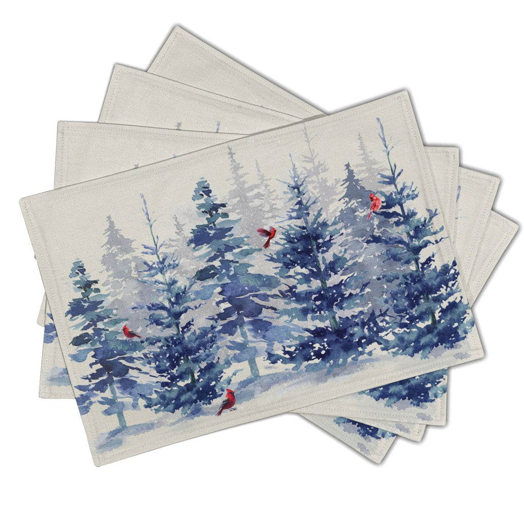 Winter Blue Pine Tree Placemats Set of 4,12 x 18 Inch Forest Xmas Red Bird Heat Resistant Place Mats Linen Table Mats