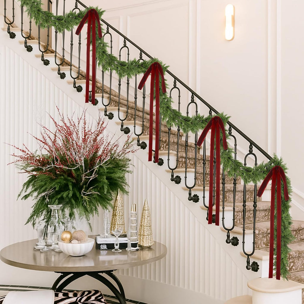 15ft Christmas Garland for Stair with 4 Velvet Bows, Cedar Pine