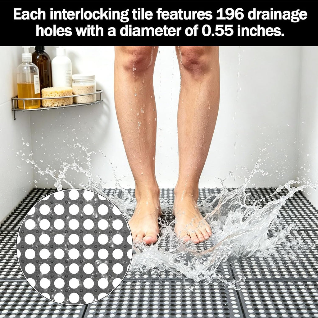 30Pcs Interlocking Drainage Floor Tiles, Modular Interlocking Floor Mats 11.8x11.8 Inch, Non-Slip TPE Quick-Dry Cushion