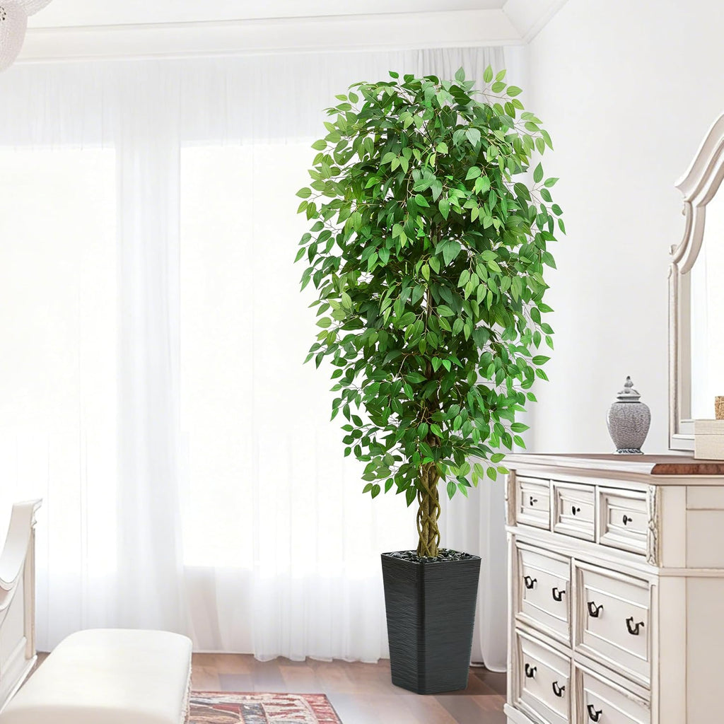 7FT Artificial Ficus Tree, 84 Inch Realistic Faux Silk Ficus Floor Plant with Black Planter & Pebbles, Tall Fake