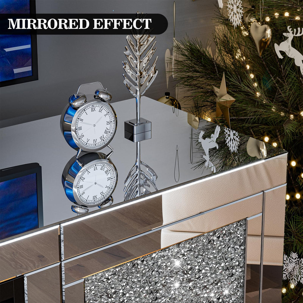 Mirrored Fireplace TV Stand for 65+ inch TV, Mirrored TV Stand with Crushed Diamond & LED Light, Silver Media
