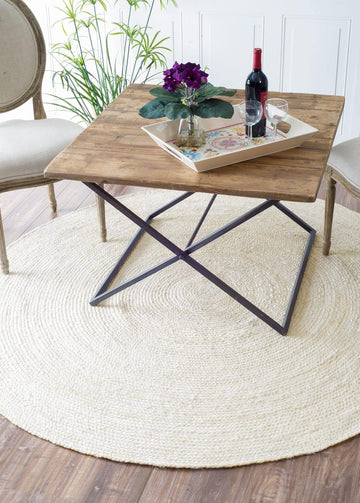 Handwoven Jute Area Rug- Off-White Round Rustic Vintage Beige Braided Reversible Rug- Eco Friendly Rug , Farmhouse