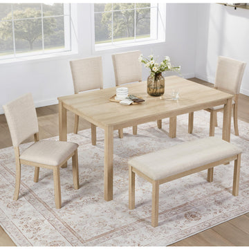 6-Piece Dining Set with Bench & 4 Upholstered Chairs, 58.5" Modern Farmhouse Kitchen Table for 6, Easy Assembly, Light