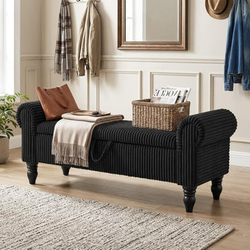 55" Storage Ottoman Bench, Corduroy End of Bed Bench , Black | Upholstered Entryway Bench with Seating, Solid Wood