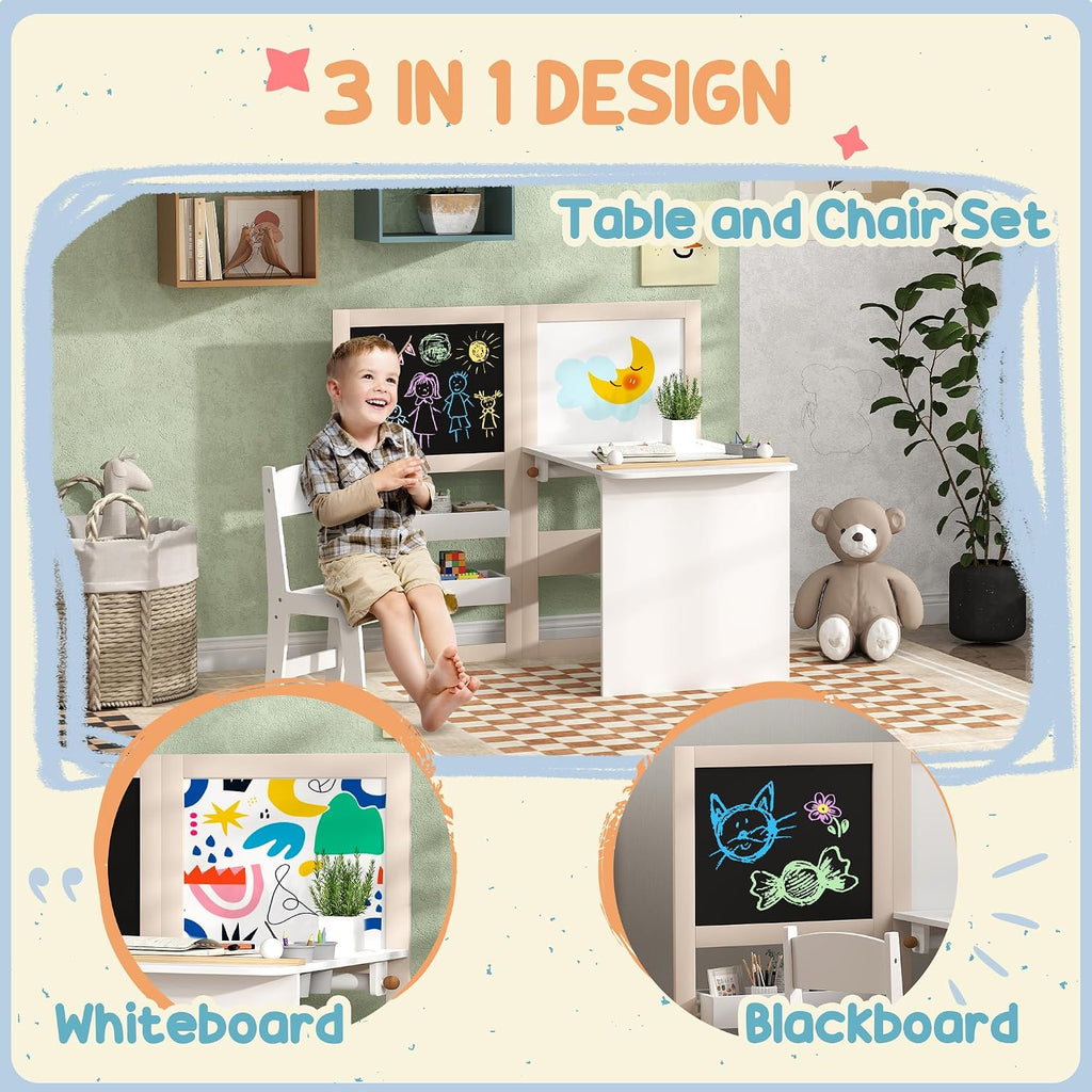 In-1 Kids Table and Chair Set with Storage, Whiteboard and Blackboard