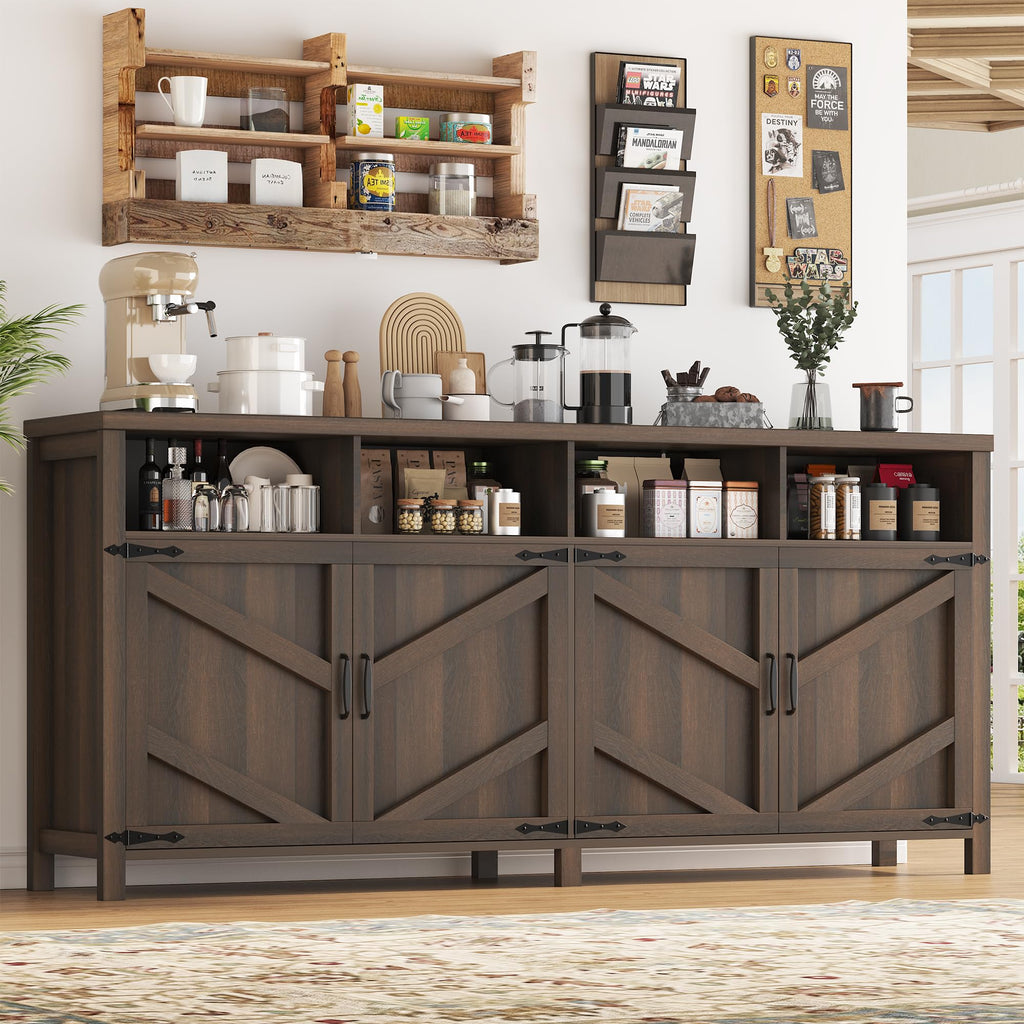Buffet Sideboard with Storage Farmhouse, Large Kitchen Storage Cabinet Wood Coffee Bar Cabinet Buffet, 63in, Brown