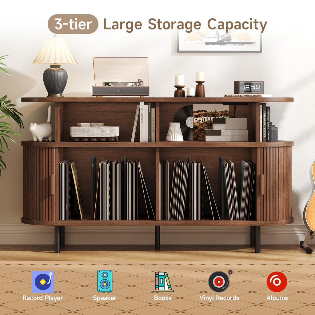55" Large Round Record Player Stand with Charging Station, Walnut