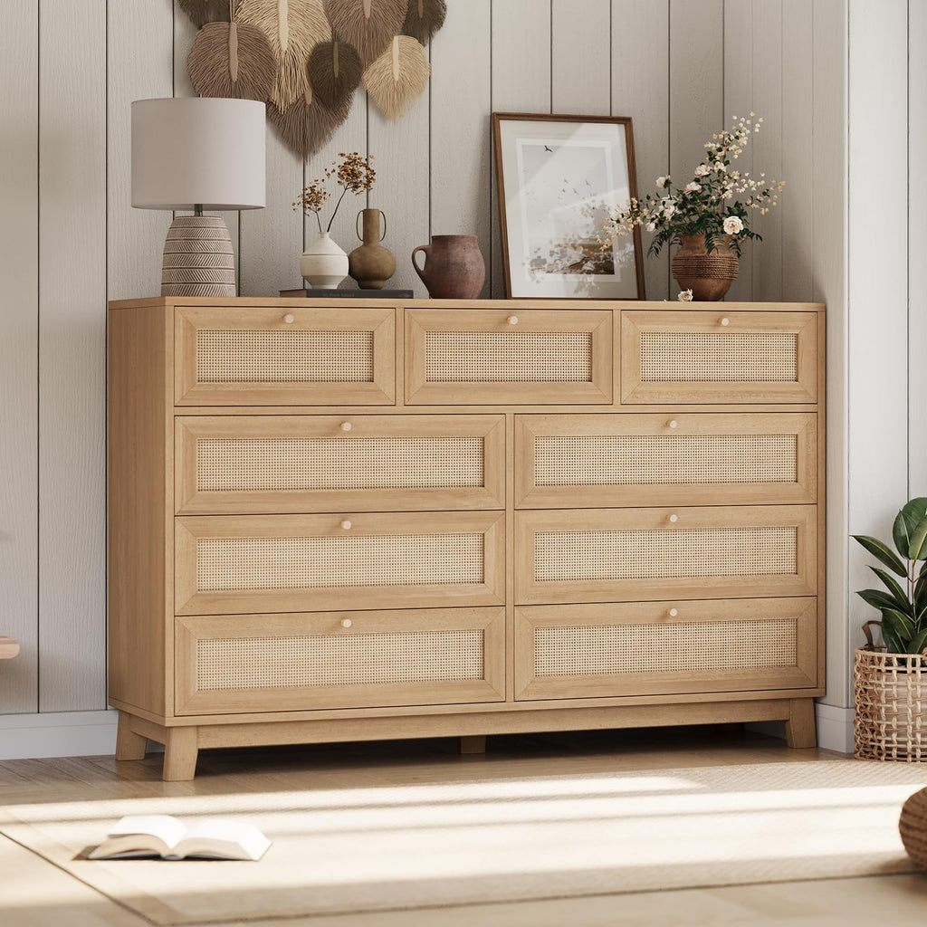 Rattan, 9 Drawer with Natural Rattan Drawers, Wooden Tall Cabinet with Gold Handles, Modern Closet Storage Chest of