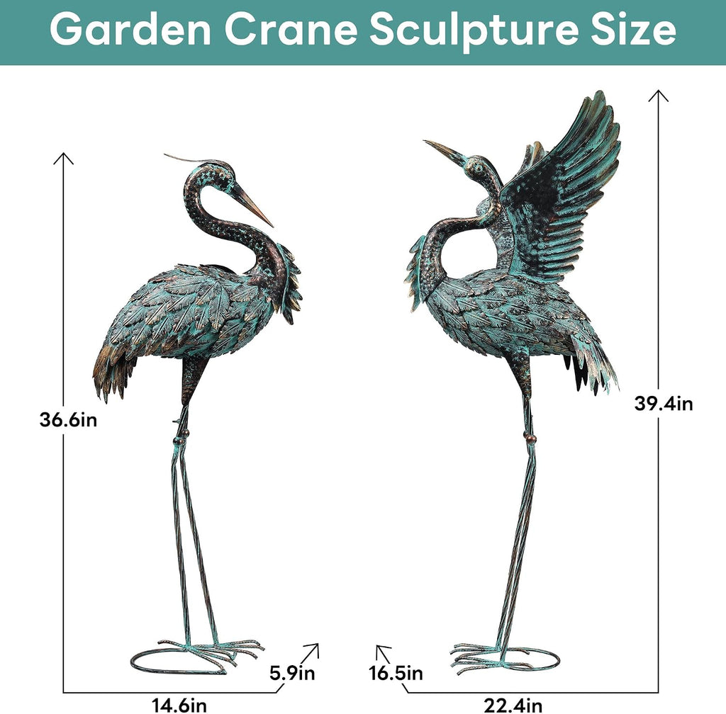Large Garden Statues Set of 2, Metal Crane Sculptures, Bronze Heron Outdoor