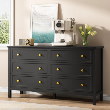 55'' Black Dresser with 6 Drawers, Wood Dressers Elegant Modern Chest of Drawer with Gold Handles Wood Legs, Large