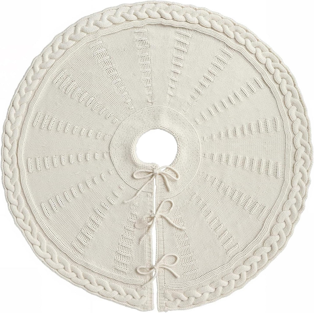 36 Inch Christmas Tree Skirt: Pencil Tree Skirt for 6FT Tree, Braided Cable Knit Cream White Small Tree Skirt