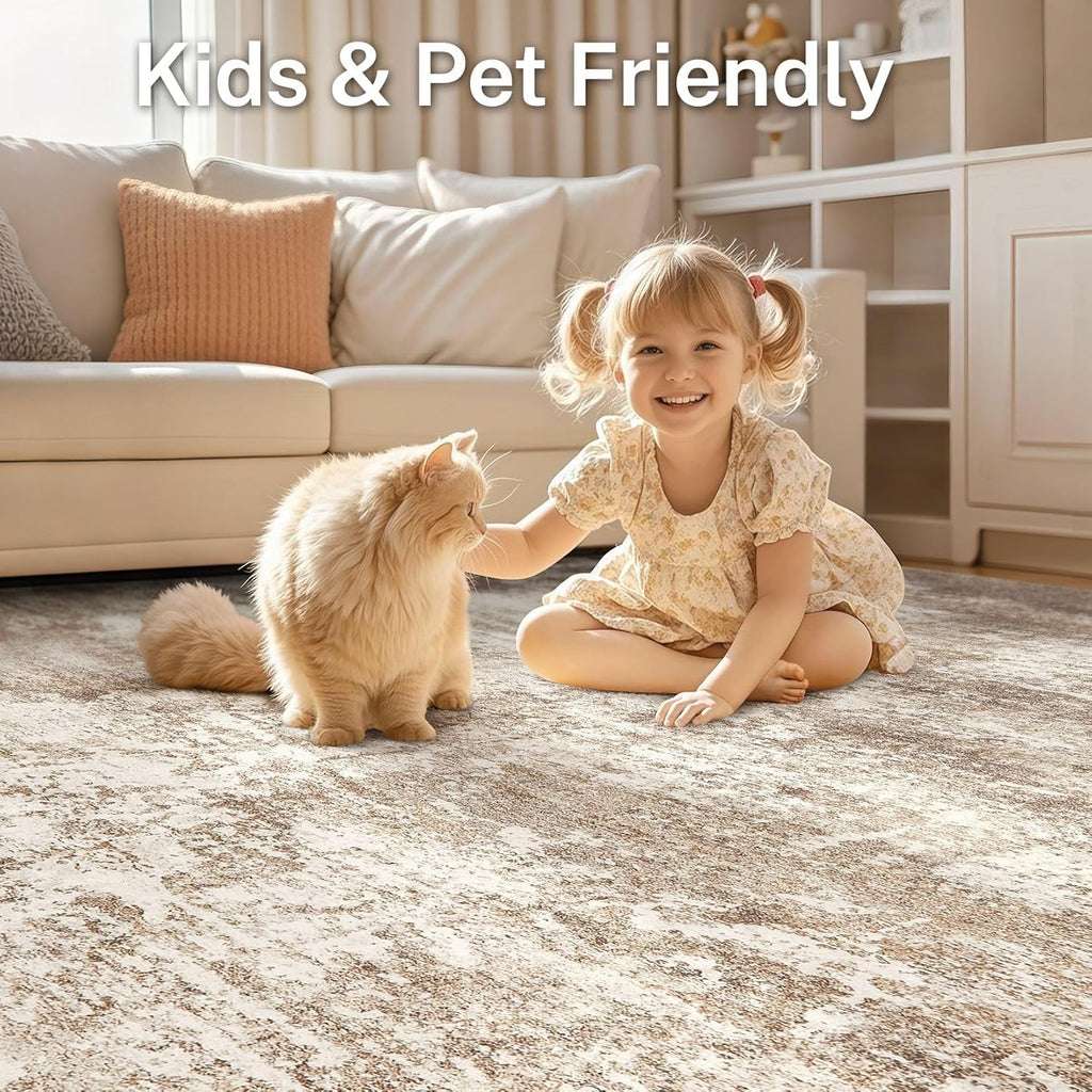 Area Rug Living Room - 9X12 Abstract Washable Large Soft Foldable Non Slip Rug Neutral Modern Low Pile Carpet