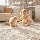 8ft Round Area Rug - 8X8 Abstract Washable Large Soft Foldable Non Slip Rug Neutral Modern Low Pile 
