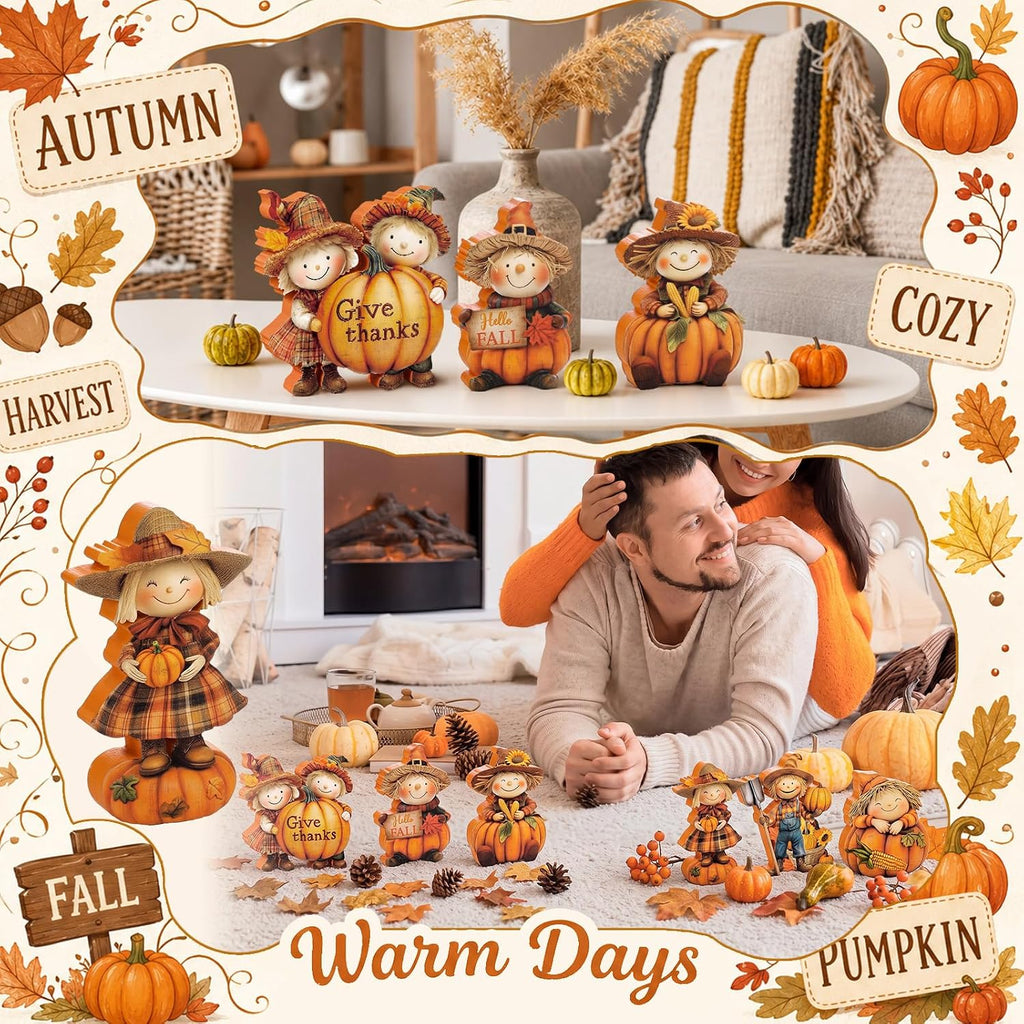 Fall Decor Wooden Scarecrow Pumpkin Figurines Rustic Autumn Harvest Tabletop Decoration for Thanksgiving - Set of 6