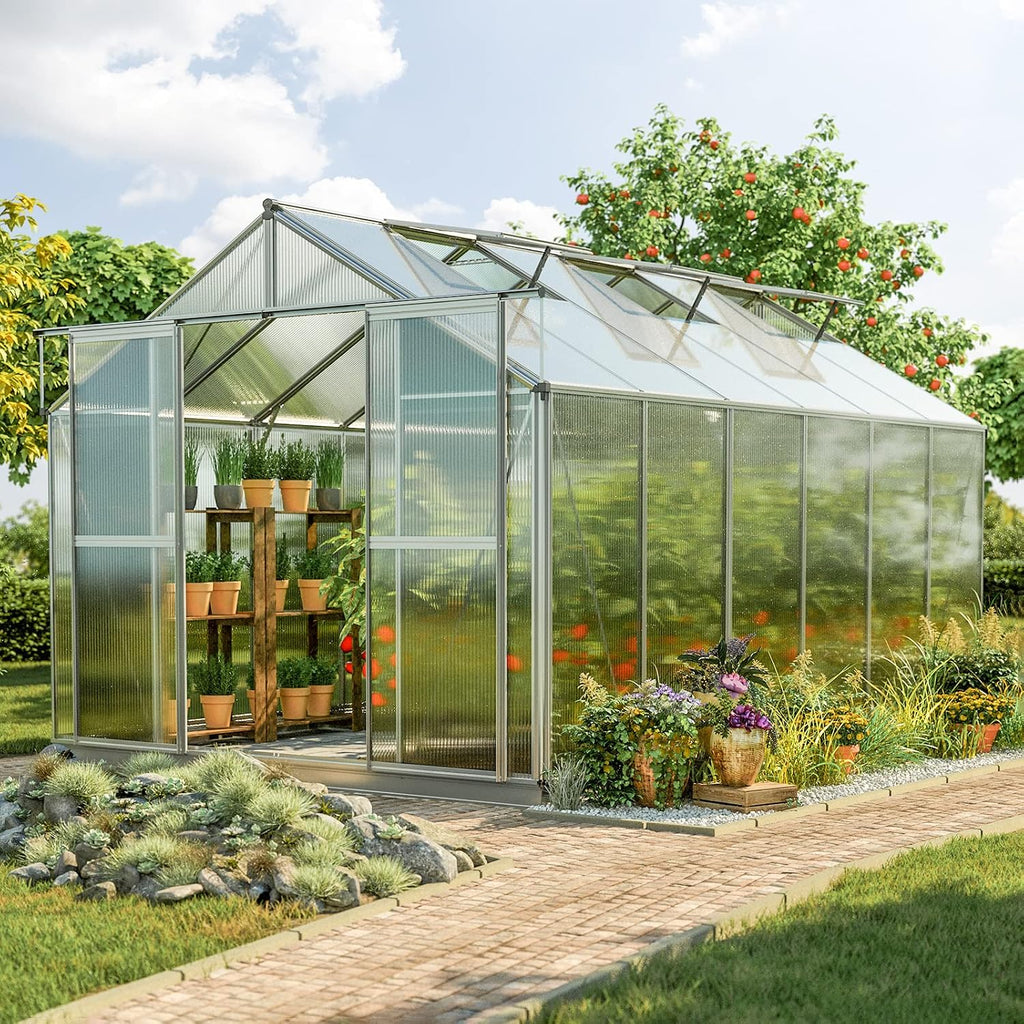 Topas 6 7.4x12.6 ft Walk in Greenhouse, Clear Polycarbonate | Double sliding door, 3 roof vents, twin wall panels