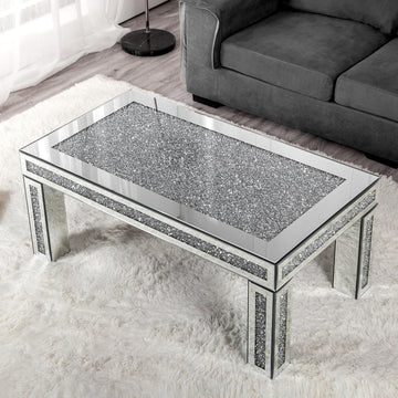 43.3" Silver Mirrored Coffee Table with Crushed Diamond Inlay