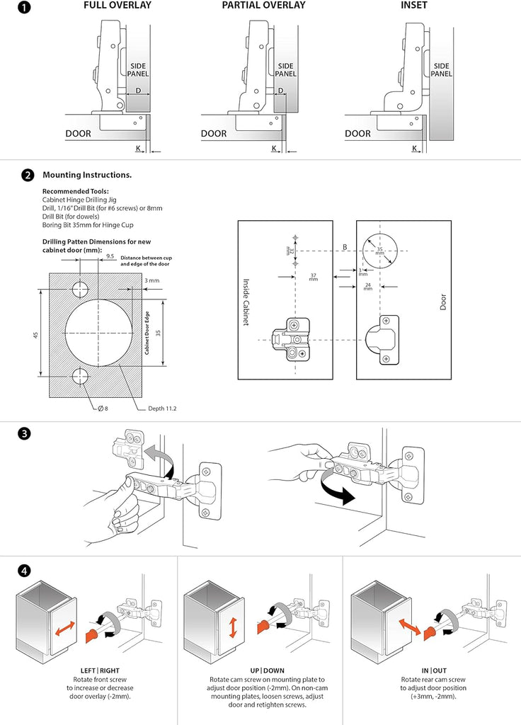 Full Overlay European Soft Close Cabinet Hinges Cabinets (20 Pcs) -105° Frameless Concealed Cabinet Door Hinge -6 Way