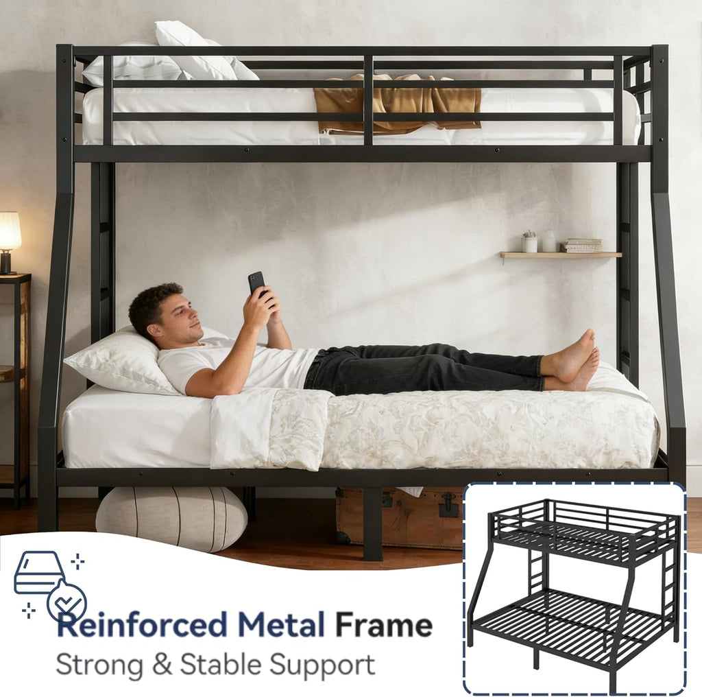 Twin Over Full Bunk Bed with Ladders, Metal Bunk Beds Frame with Full-Length Guardrails