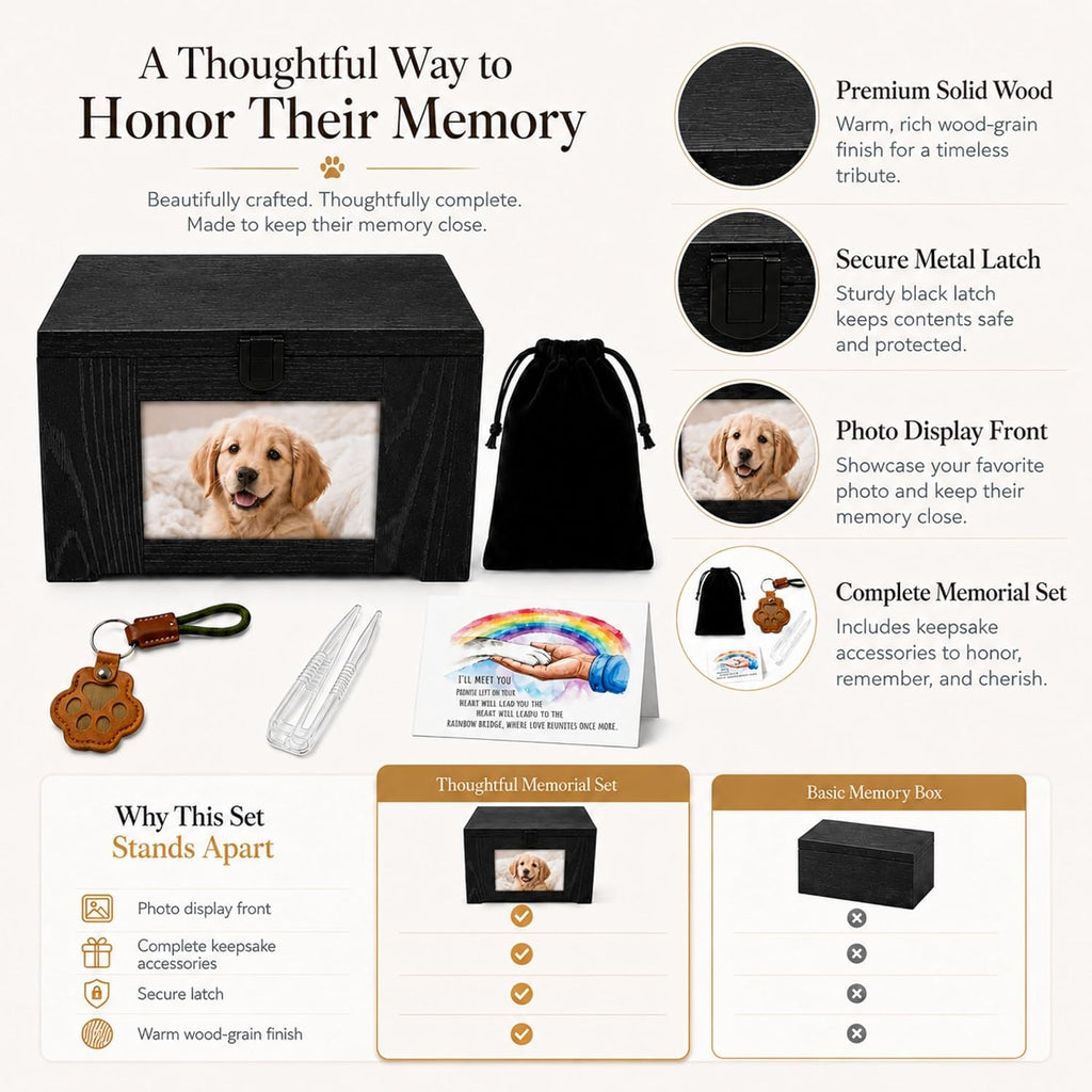Dog Urn for Ashes - Wood Pet Cremation Box with Photo Frame, Cat Dog