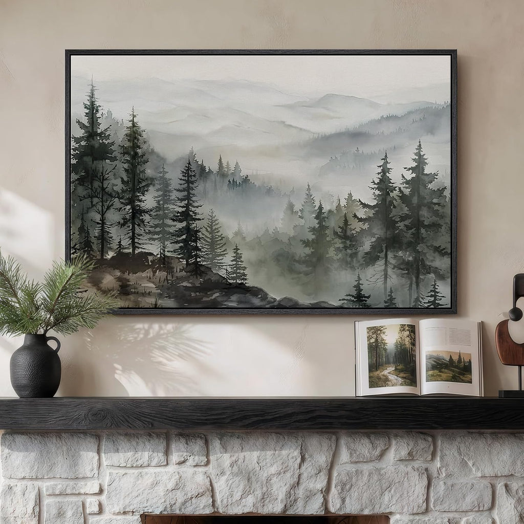 Framed Mountain Foggy Forest Landscape Wall Art, Horizontal Nature Watercolor Canvas Artwork for Walls, Misty Pine