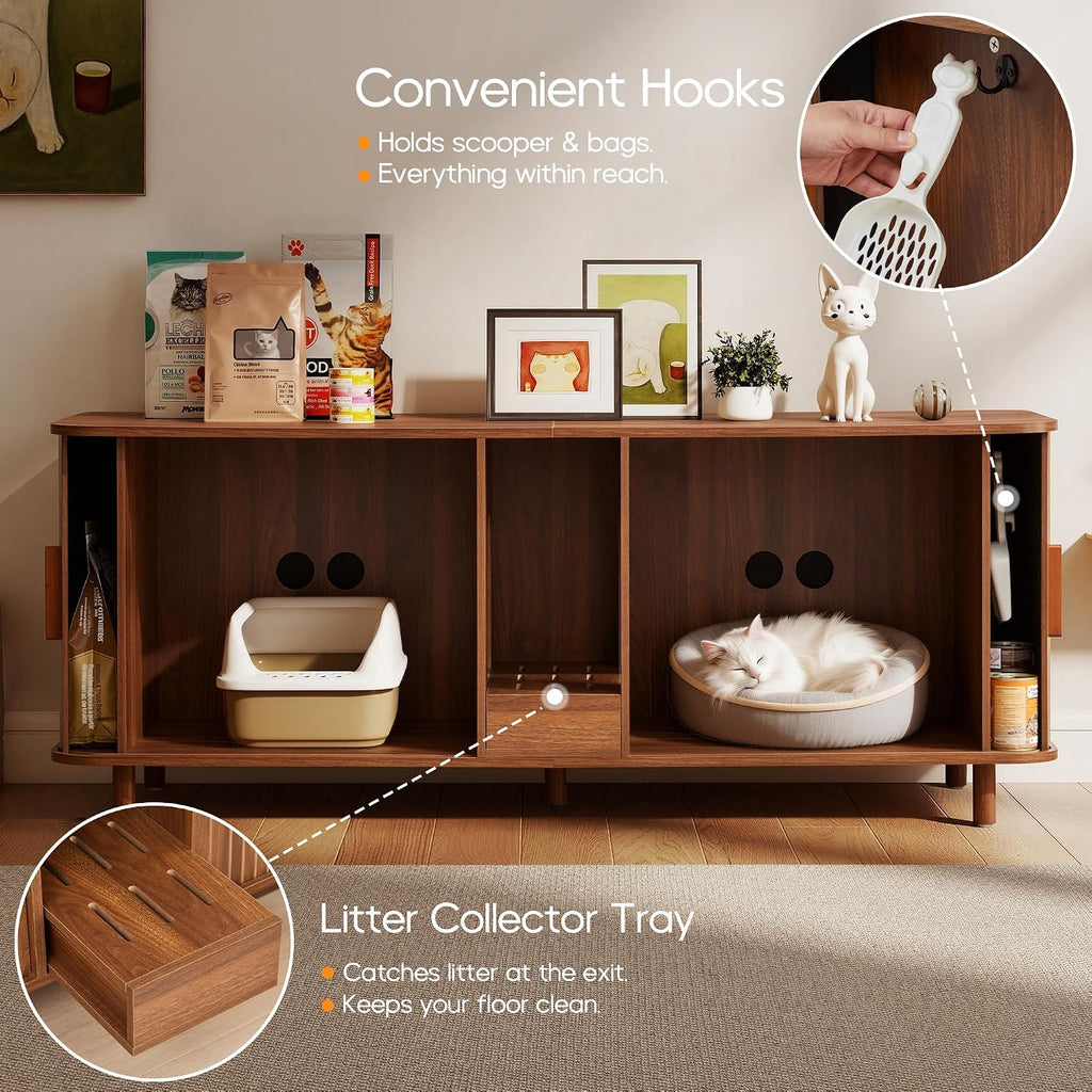 59" Wooden Hidden Double Cat Litter Box Enclosure Furniture