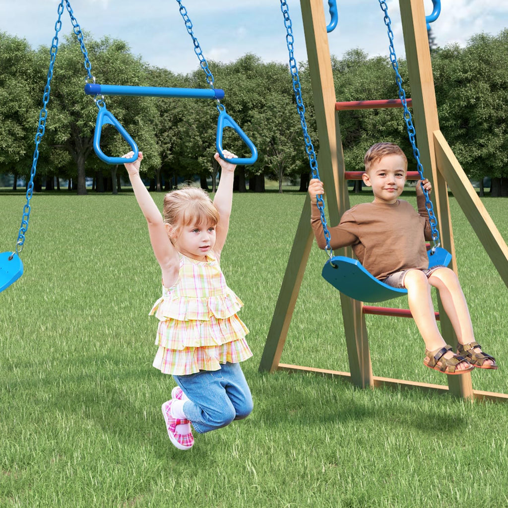 Wooden Swing Sets for Backyard with Monkey Bar, Outdoor Playset for Kids with Trapeze Swing Bar and 2 Belt Swings