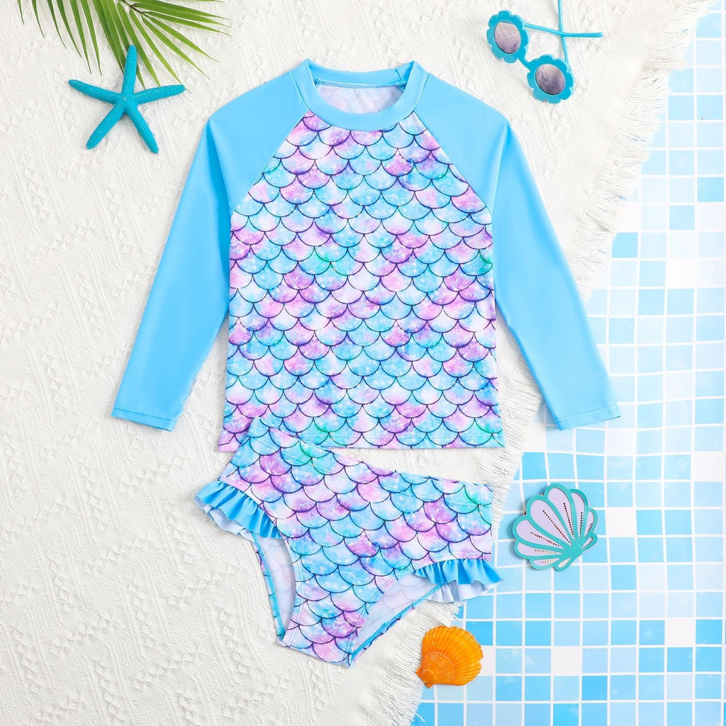 Toddler & Little Girls' Long Sleeve Rash Guard Swimwear Set - UV Protection, Piece Design, Fun Prints