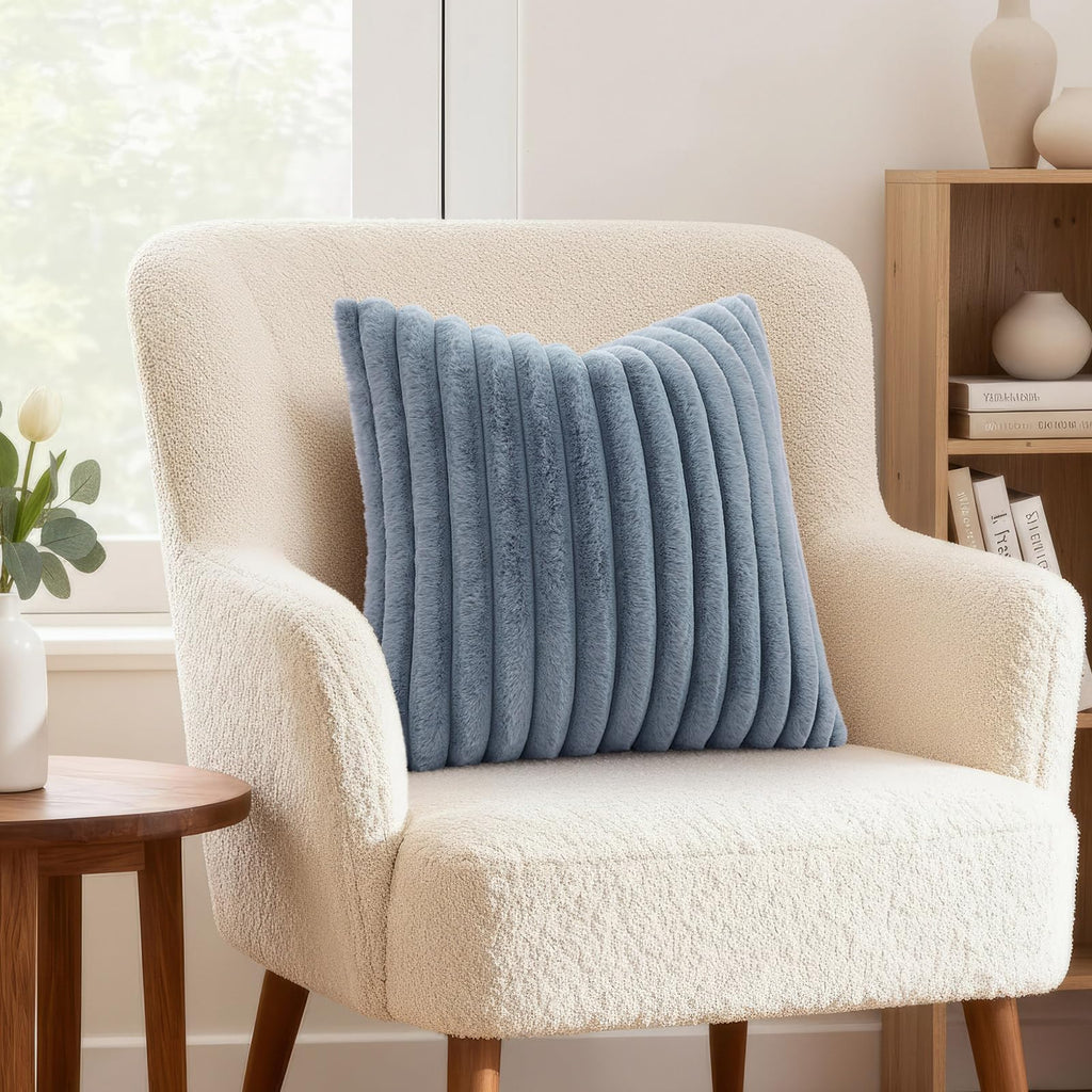 Fall Faux Fur Throw Pillow Covers 18x18 Set of 2 Grey Blue