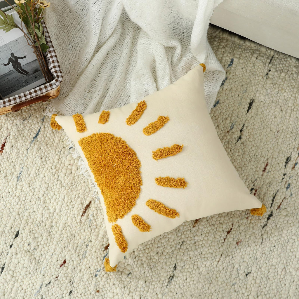 Boho Throw Pillow Covers 18x18, Woven Tufted Sun Decorative Pillow Covers with Tassels Moroccan Modern Pillowcase for